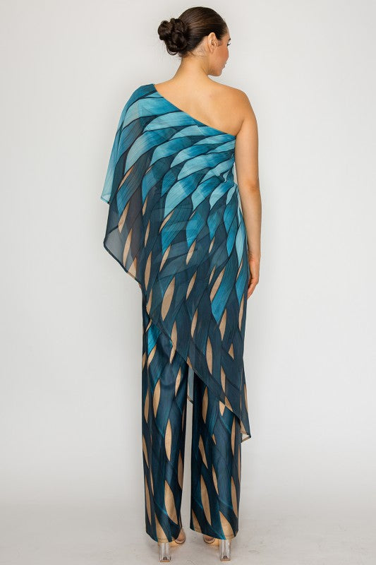 Teal One-Shoulder Chiffon Jumpsuit