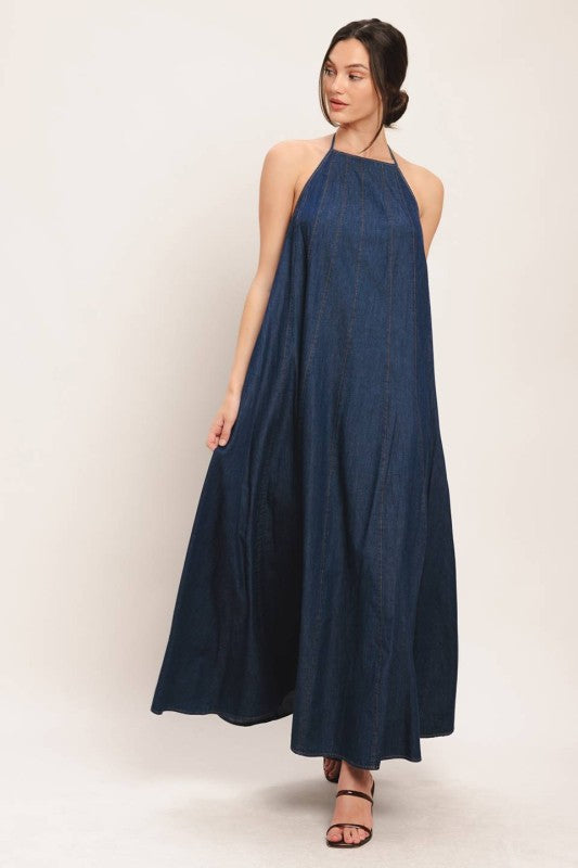 Denim Elegance Halter Dress