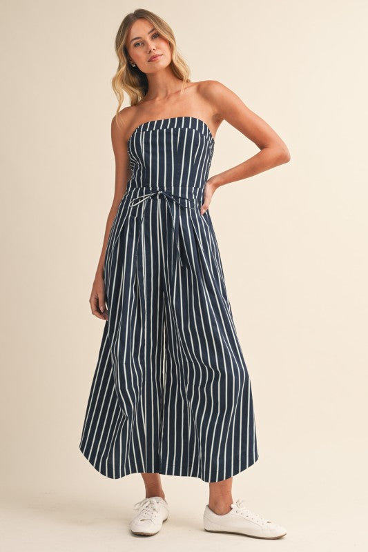 Navy Stripe Strapless Jumpsuit