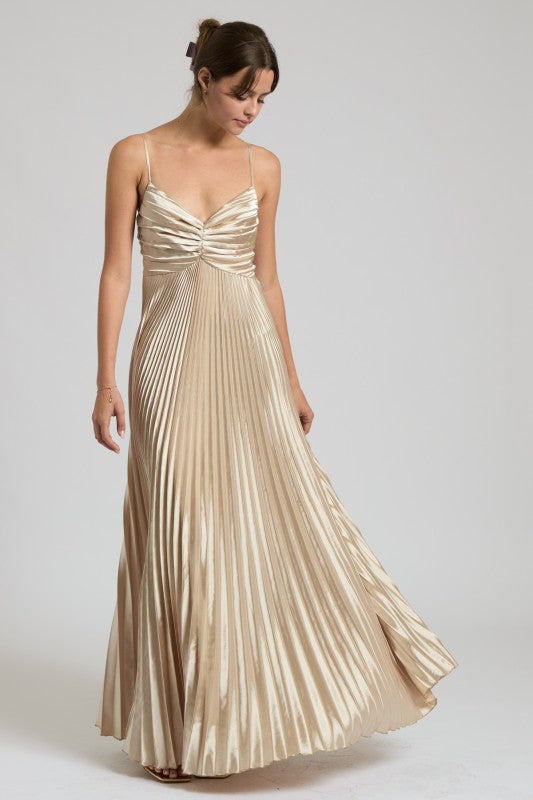 Champagne Pleated Satin Maxi Dress