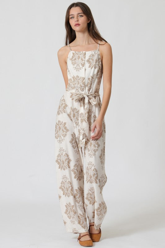 Sand Luxe Damask Wide-Leg Jumpsuit