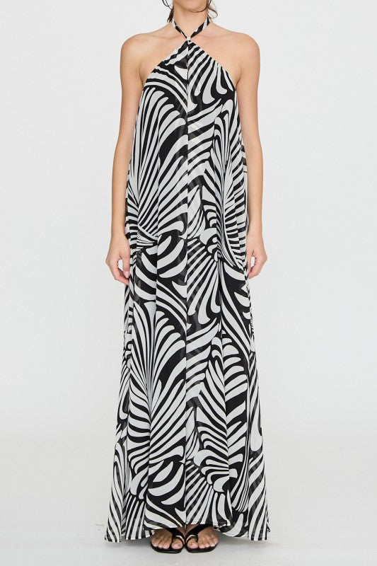 Monochrome Flow Halter Maxi Dress