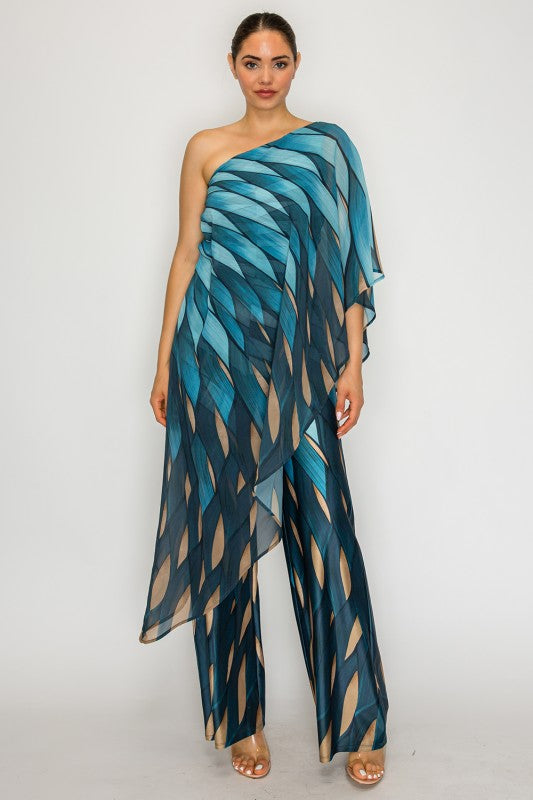 Teal One-Shoulder Chiffon Jumpsuit