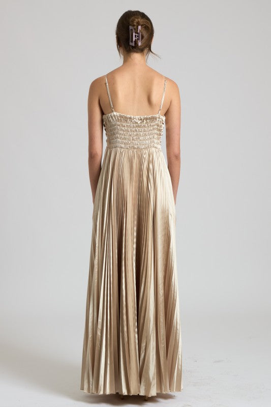 Champagne Pleated Satin Maxi Dress