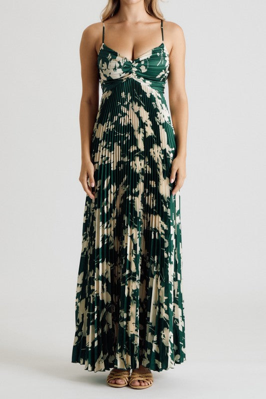 Emerald Bloom Pleated Maxi Dress