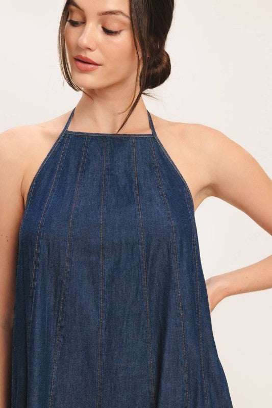 Denim Elegance Halter Dress
