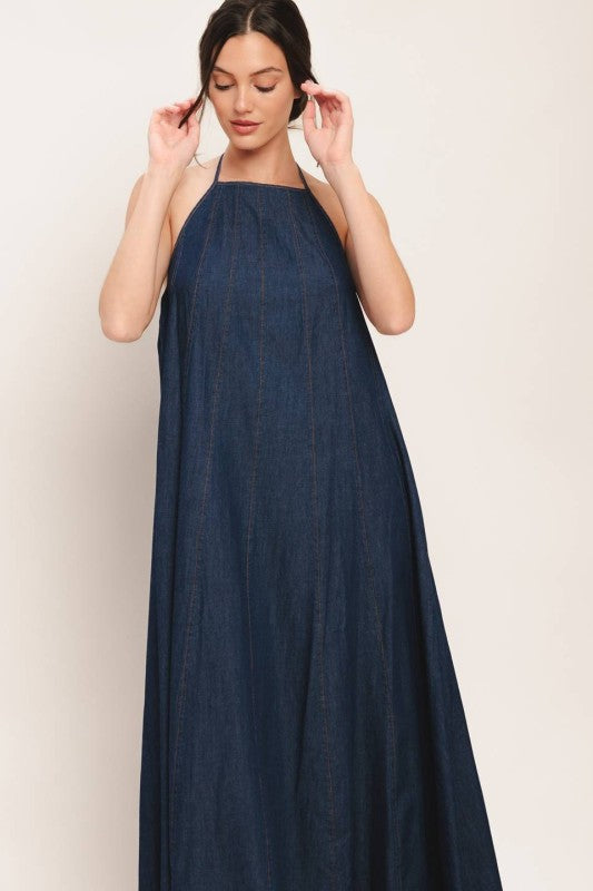 Denim Elegance Halter Dress