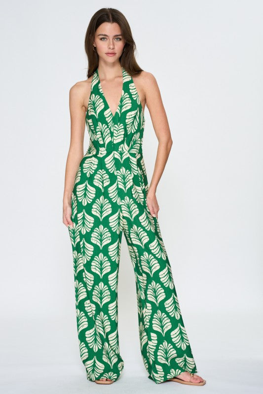 Emerald Palm Halter Jumpsuit