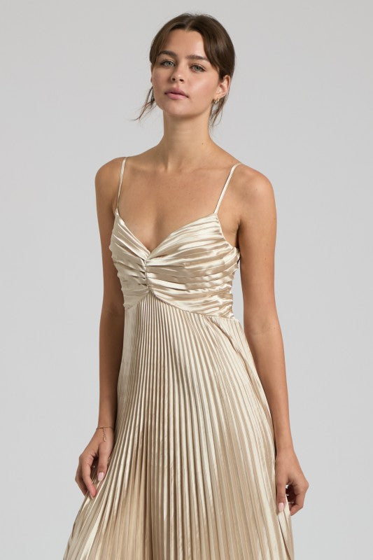 Champagne Pleated Satin Maxi Dress