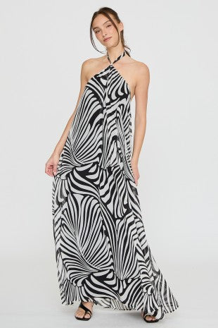 Monochrome Flow Halter Maxi Dress