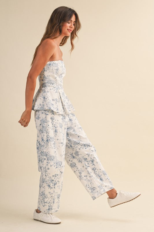 Blue Floral Peplum Pant Set