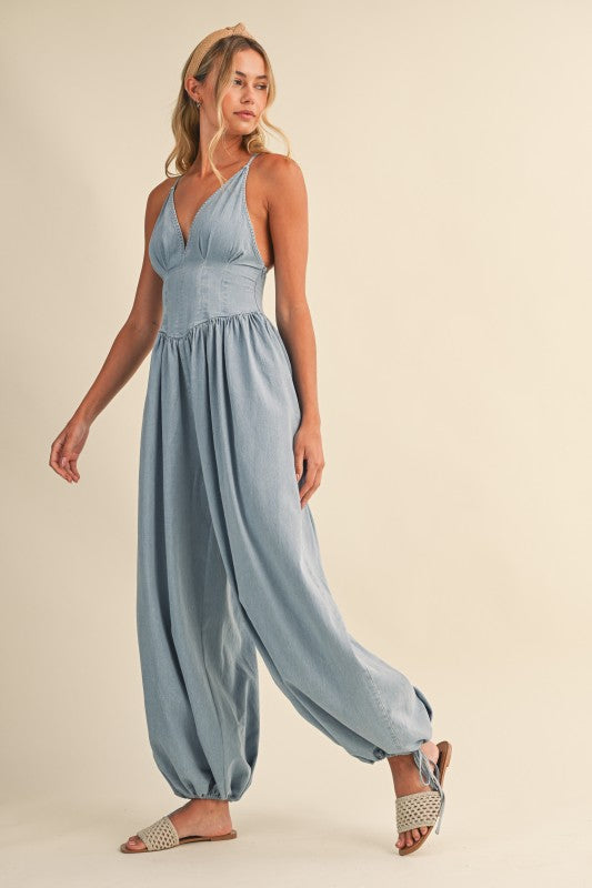 Light Wash Denim Balloon Jumpsuit
