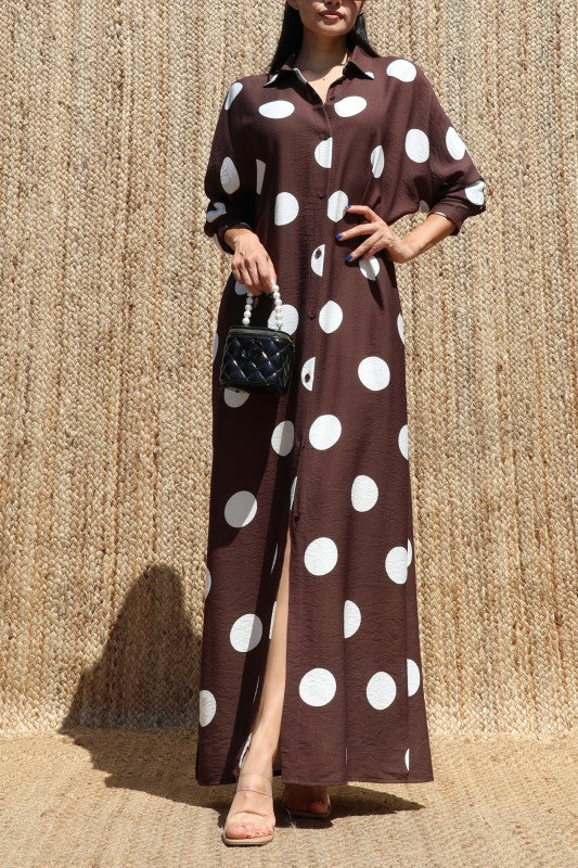 Chocolate Polka Dot Button-Down Maxi Dress