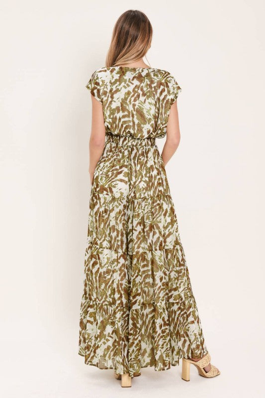 Olive Abstract Print Tiered Wide-Leg Jumpsuit