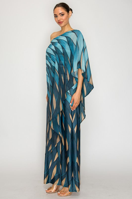 Teal One-Shoulder Chiffon Jumpsuit