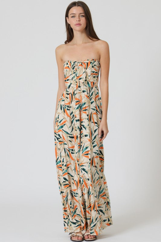 Tropical Print Strapless Jumpsuit