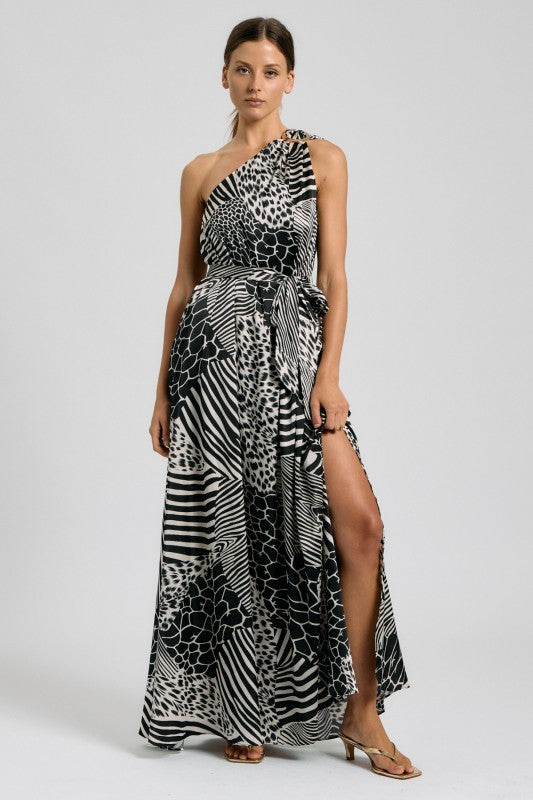 Mixed Animal Print One-Shoulder Maxi Dress