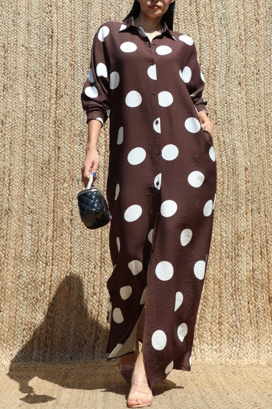 Chocolate Polka Dot Button-Down Maxi Dress