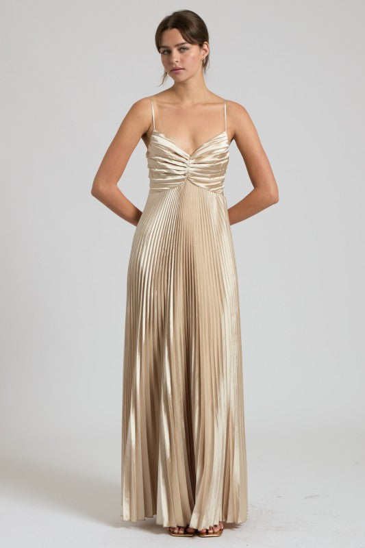Champagne Pleated Satin Maxi Dress