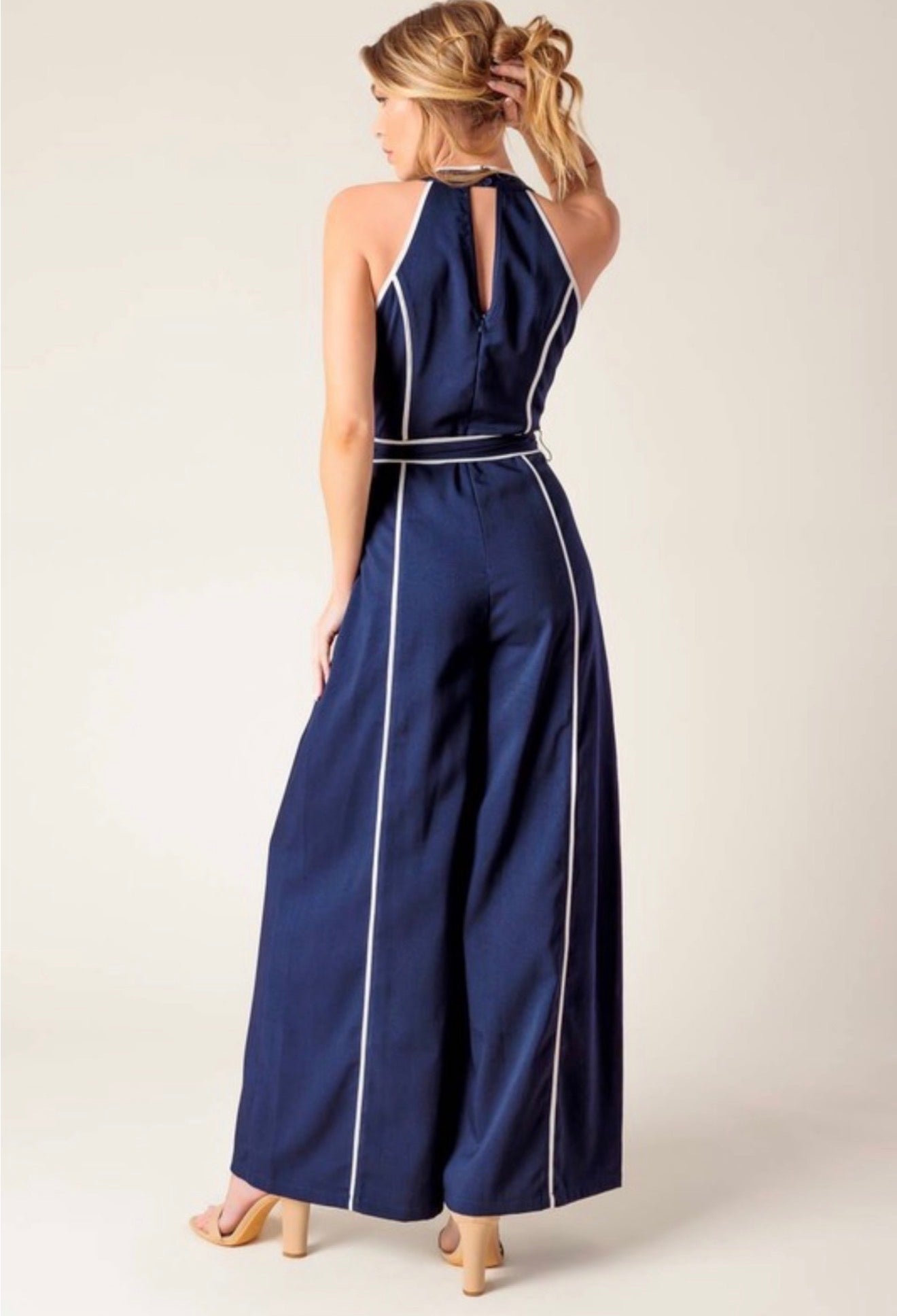 Navy Contrast Trim Wide-Leg Jumpsuit