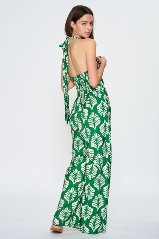 Emerald Palm Halter Jumpsuit