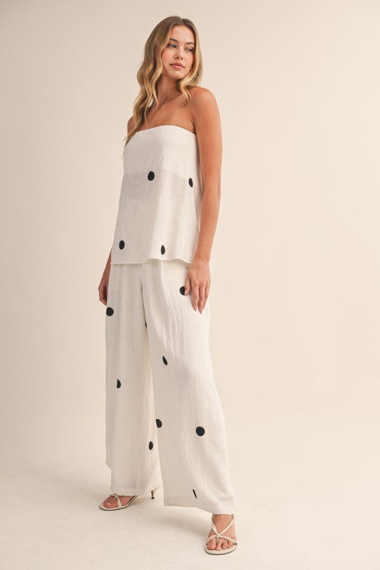 Polka Dot Strapless Pant Set – Off White/Black