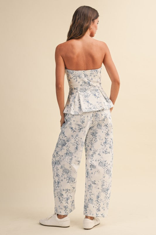 Blue Floral Peplum Pant Set
