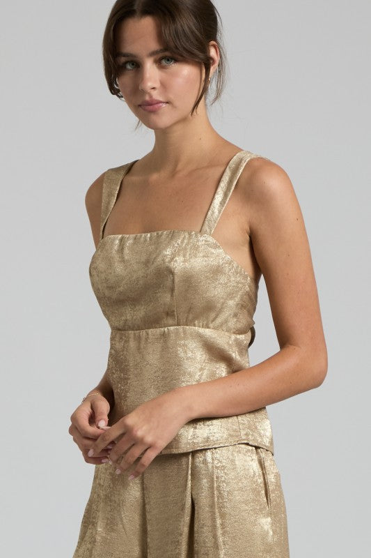 Metallic Gold Wide-Leg Two-Piece Set