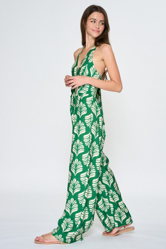 Emerald Palm Halter Jumpsuit