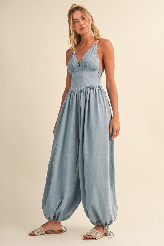 Light Wash Denim Balloon Jumpsuit