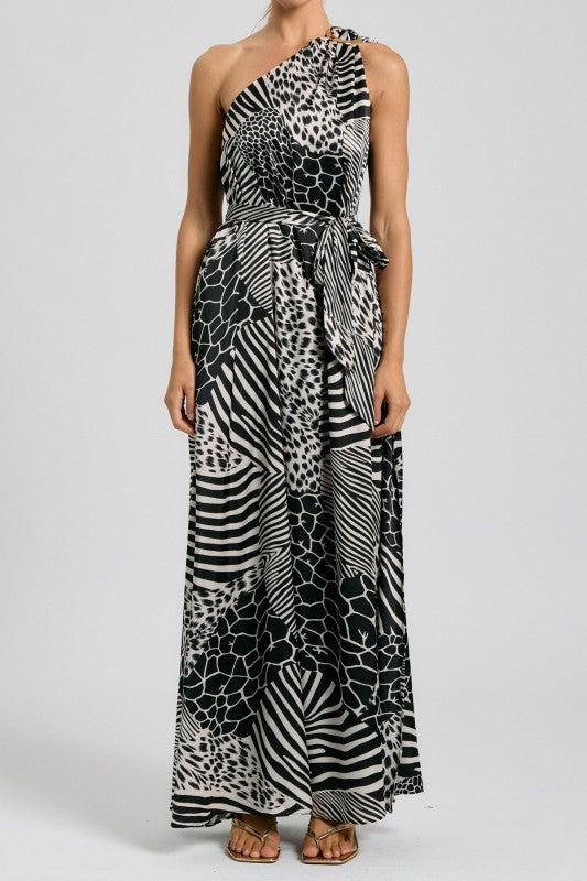 Mixed Animal Print One-Shoulder Maxi Dress