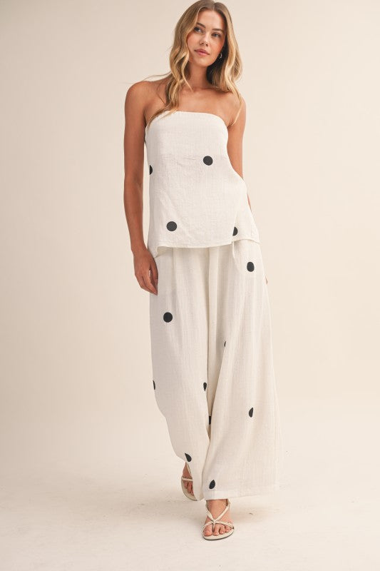 Polka Dot Strapless Pant Set – Off White/Black