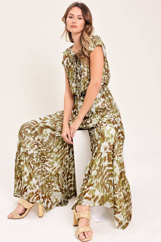 Olive Abstract Print Tiered Wide-Leg Jumpsuit