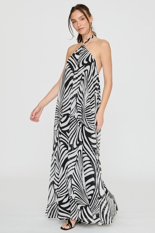 Monochrome Flow Halter Maxi Dress