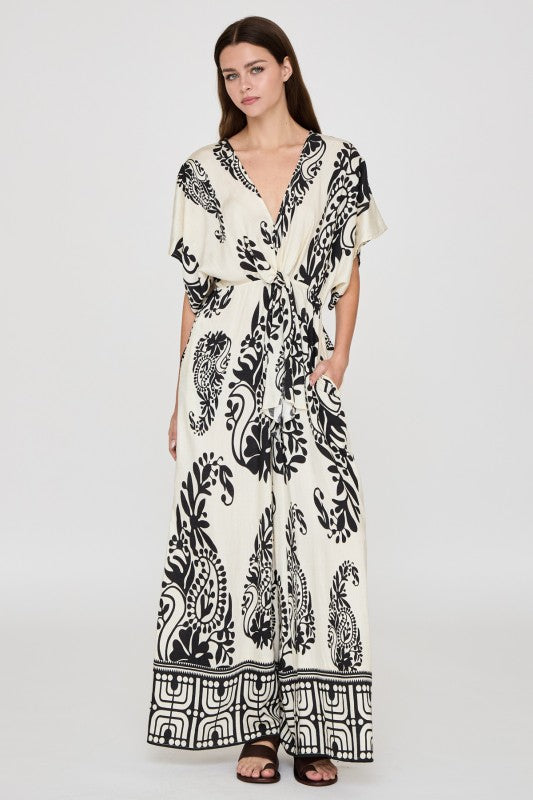 Monochrome Paisley Kimono Jumpsuit