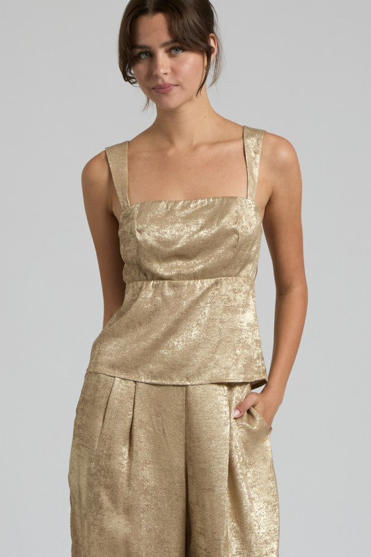 Metallic Gold Wide-Leg Two-Piece Set