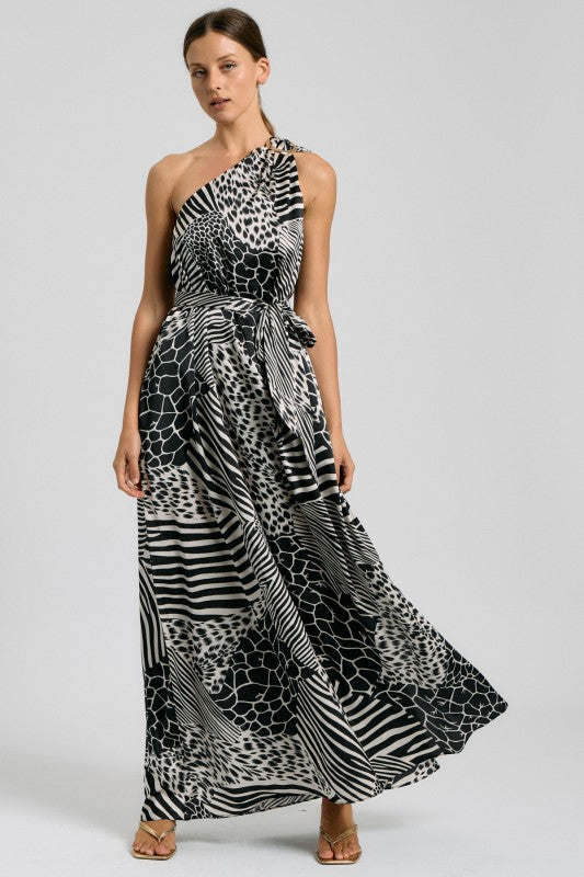 Mixed Animal Print One-Shoulder Maxi Dress