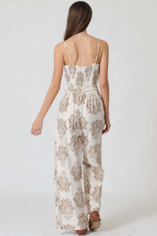 Sand Luxe Damask Wide-Leg Jumpsuit