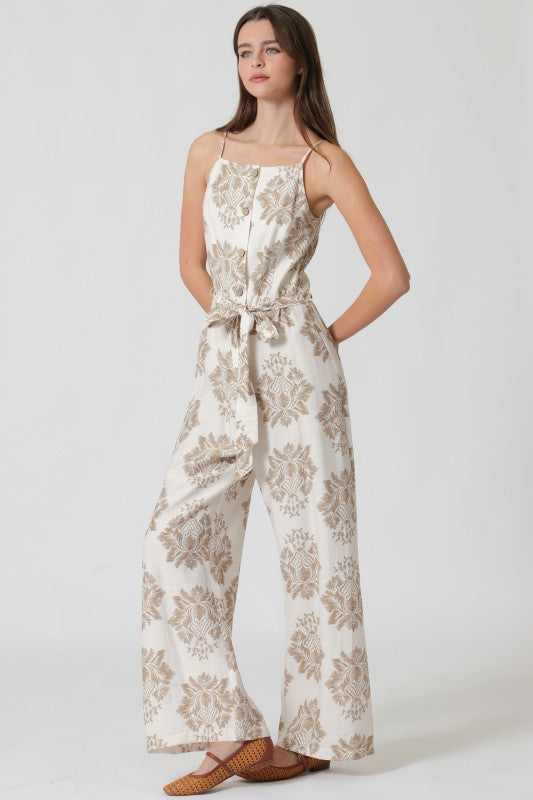 Sand Luxe Damask Wide-Leg Jumpsuit