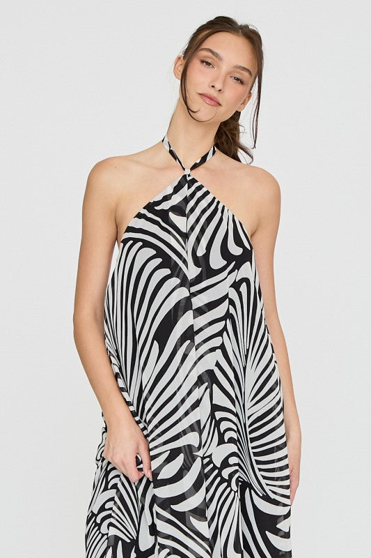Monochrome Flow Halter Maxi Dress