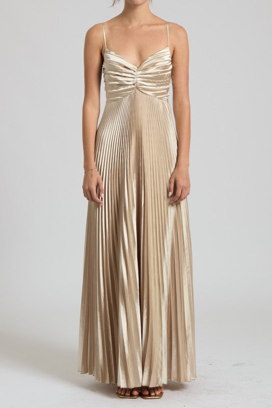Champagne Pleated Satin Maxi Dress
