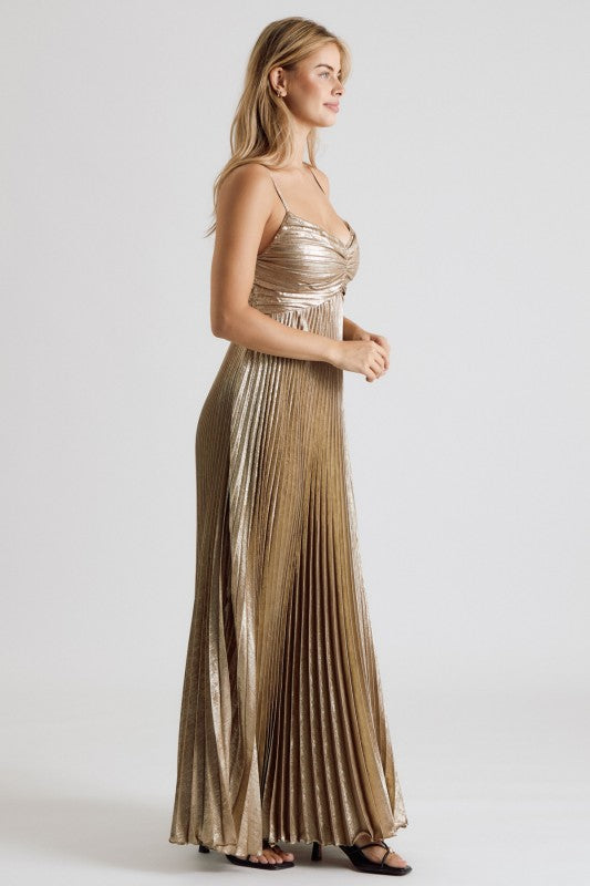 Gold Metallic Pleated Maxi Dress ✨