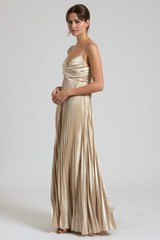 Champagne Pleated Satin Maxi Dress