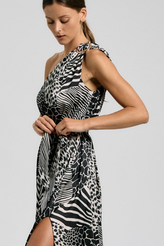 Mixed Animal Print One-Shoulder Maxi Dress