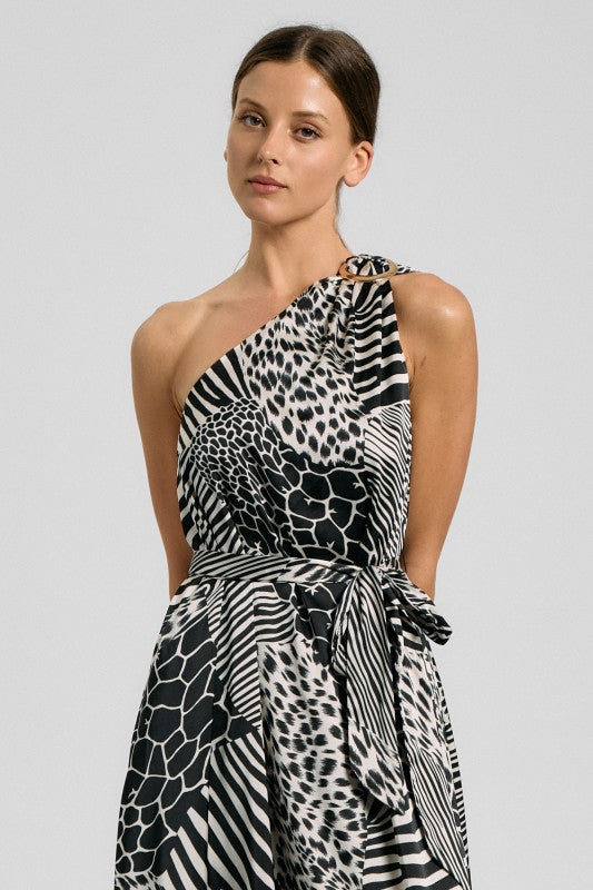 Mixed Animal Print One-Shoulder Maxi Dress