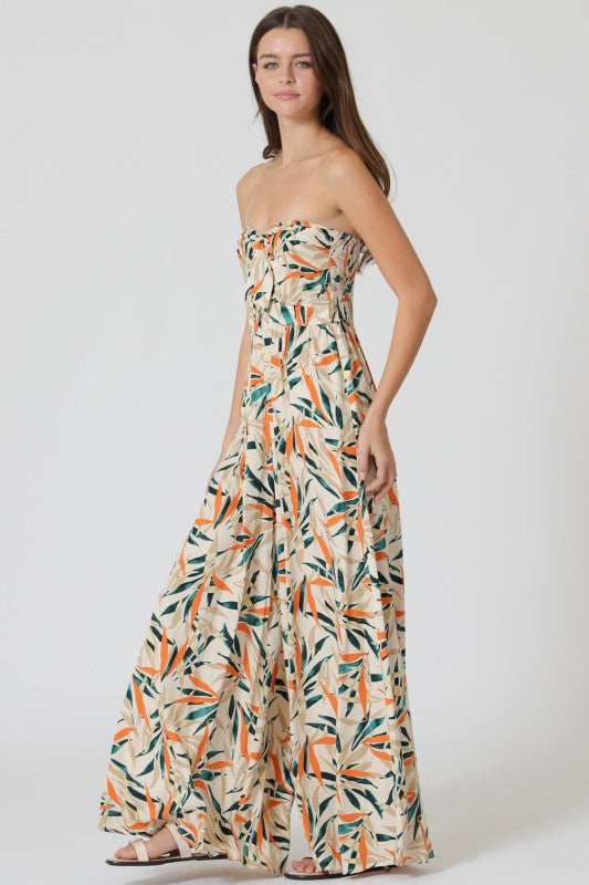 Tropical Print Strapless Jumpsuit