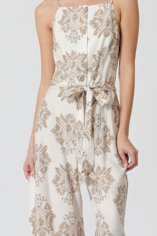 Sand Luxe Damask Wide-Leg Jumpsuit