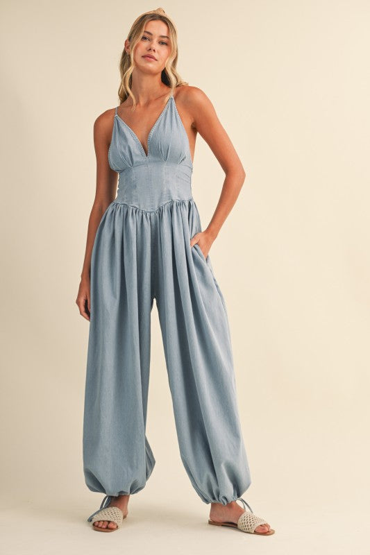 Light Wash Denim Balloon Jumpsuit