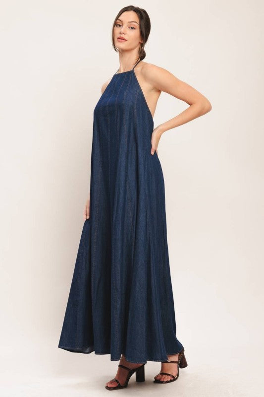Denim Elegance Halter Dress