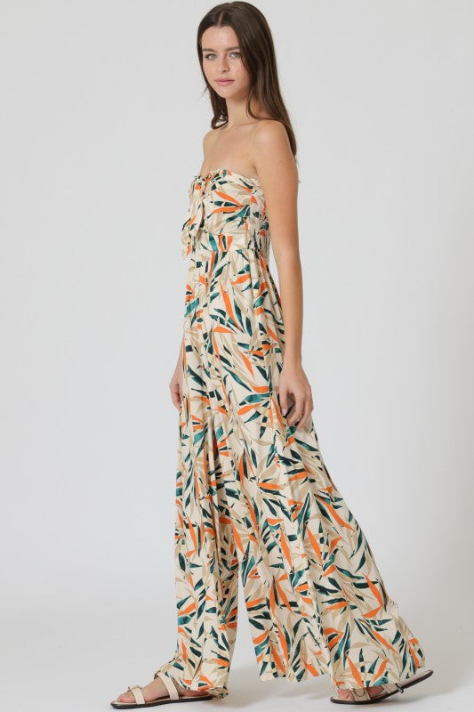 Tropical Print Strapless Jumpsuit